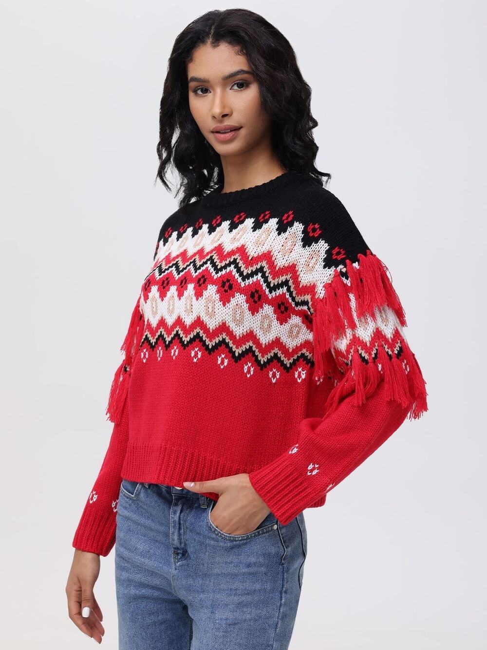 $159 NWT 525 America XS Margaret Fringe Fair Isle Pullover in the Red Motif colo